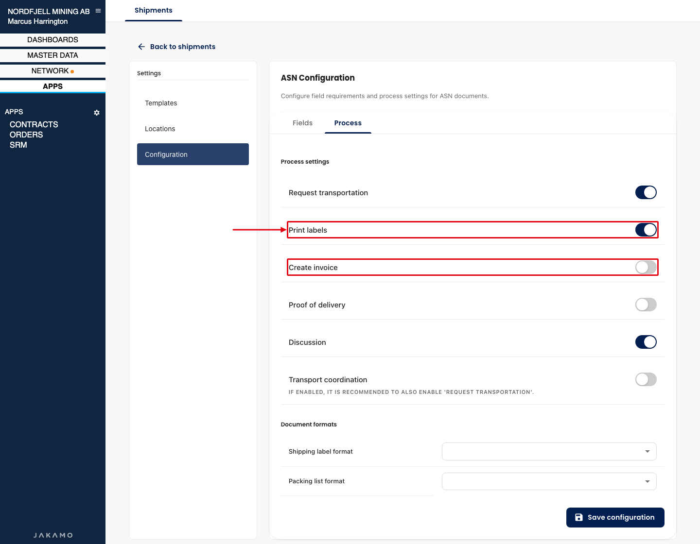 ASN Configuration, Process tab: Print labels and Create invoice