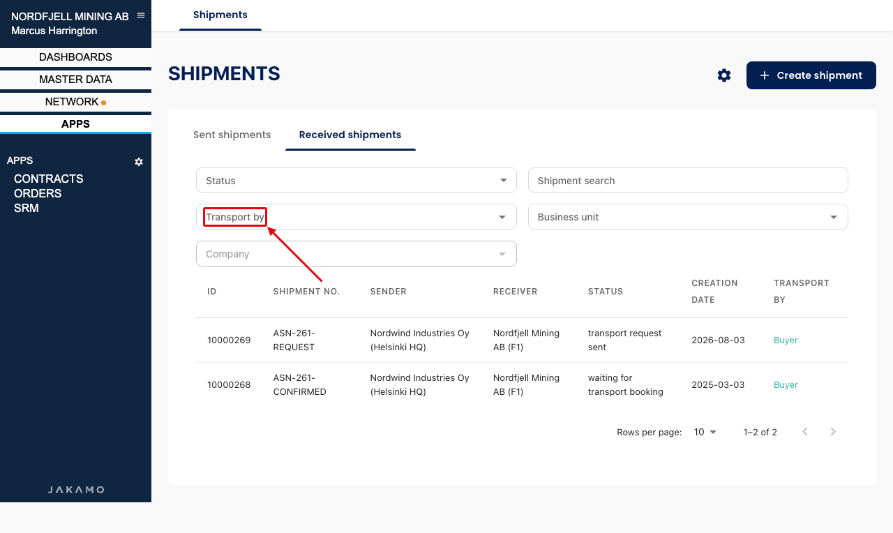 Transport by filter in the shipments list
