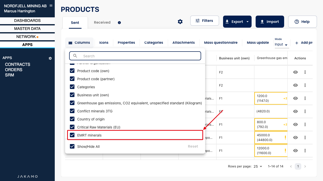 EMRT minerals in the Columns list