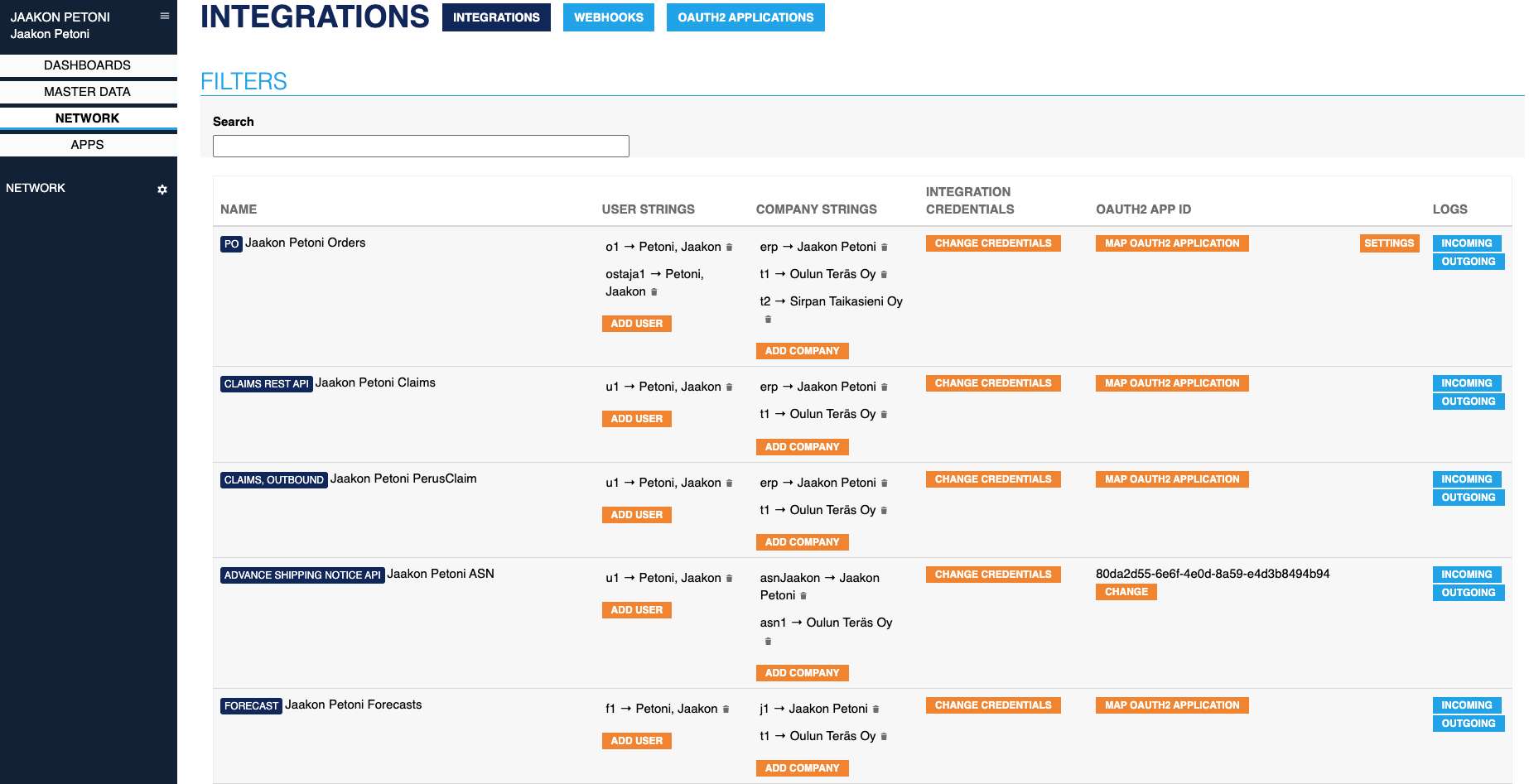 Integration logs interface