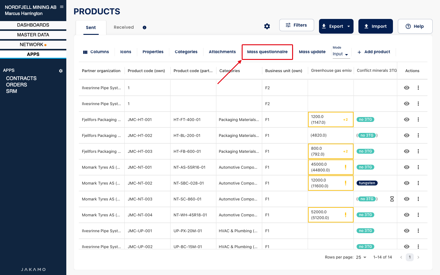 Mass questionnaire button in the Products toolbar