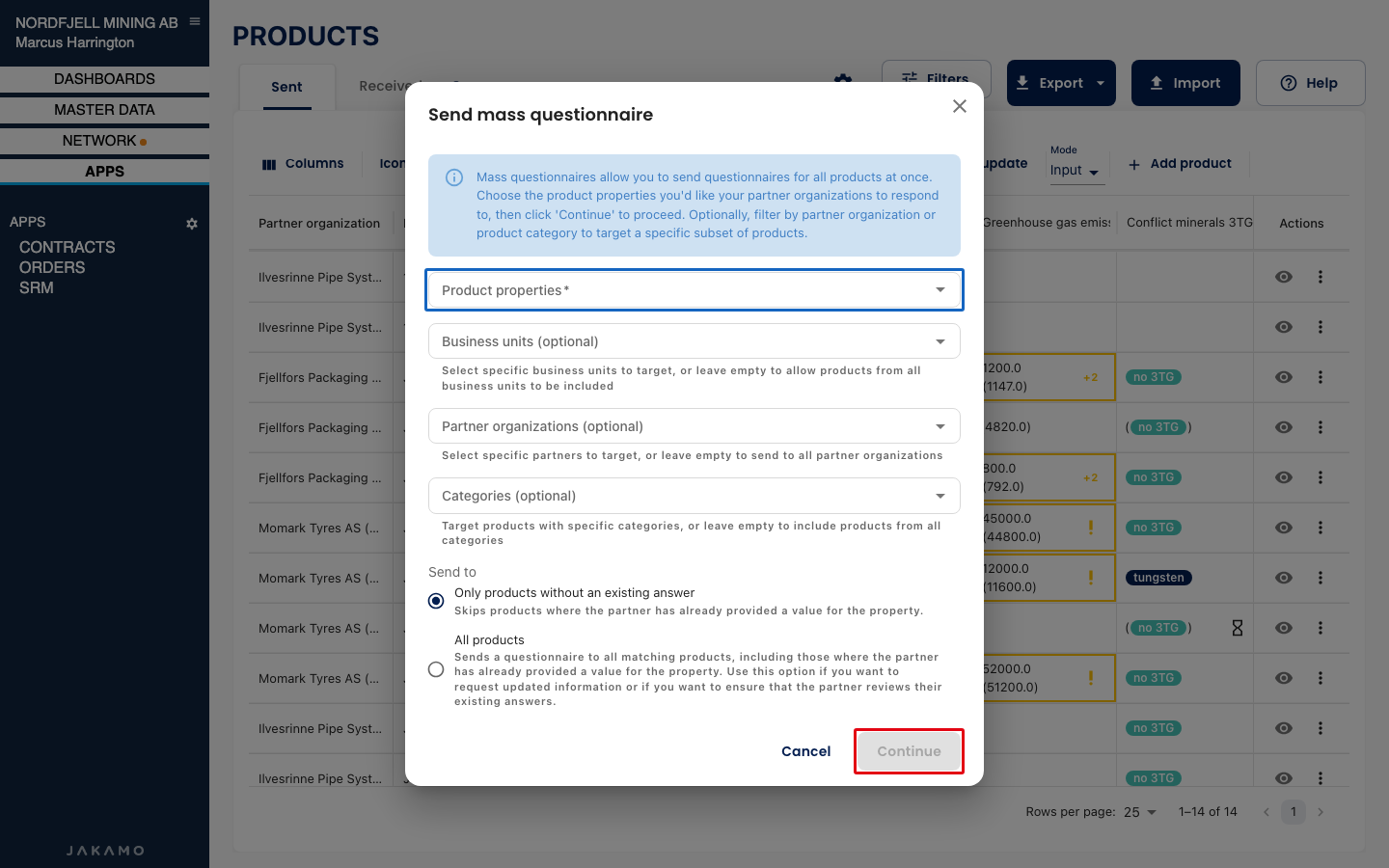 Send mass questionnaire dialog
