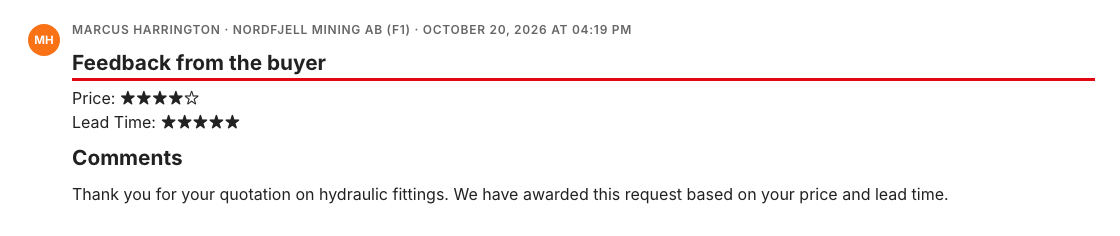 Feedback from the buyer in the supplier's comments